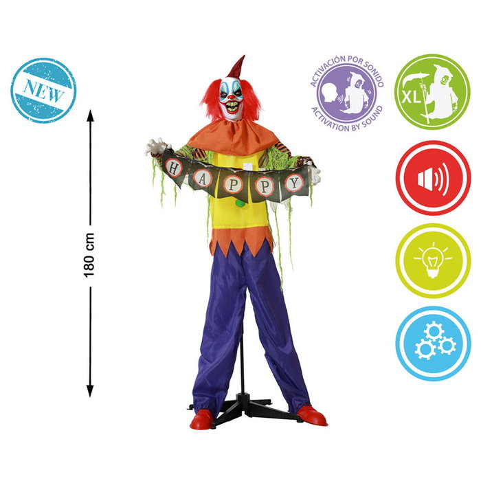Atosa Figura Payaso Terrorífico XL con Cartel 'Happy' de 180cm con Luz y Movimiento