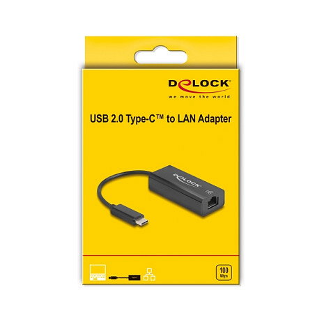 Delock Adaptador de Red Ethernet LAN Rápido USB 2.0 Tipo C a RJ45 10/100 Mbps, para Windows y Mac, Chip Realtek RTL8152, Modelo 64306 – Negro