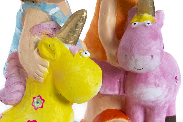 DKD Home Decor Figura de Fibra de Vidrio Niños y Unicornio, Pack de 2