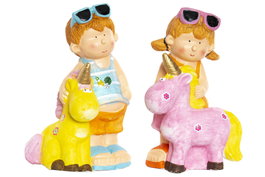 DKD Home Decor Figura de Fibra de Vidrio Niños y Unicornio, Pack de 2
