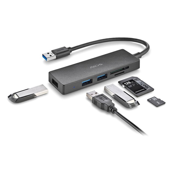 NGS IHUB READER Hub USB con 3 Puertos y Lector de Tarjetas SD/microSD Negro NGS IHUB READER Hub USB con 3 Puertos y Lector de Tarjetas SD/microSD Negro