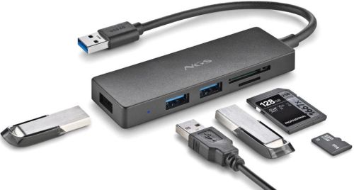 NGS IHUB READER Hub USB 3.2 con Lector de Tarjetas, 5 Puertos, Negro