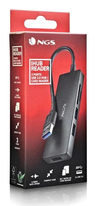 NGS IHUB READER Hub Lector USB 3.0 con 3 puertos, ranura SD y MicroSD, velocidad hasta 5000 Mbit/s, color Negro