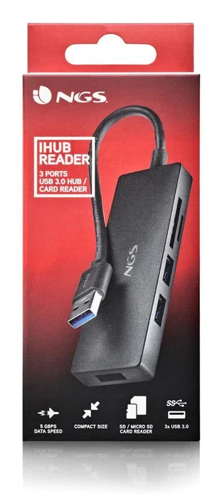 NGS IHUB READER Hub Lector USB 3.0 con 3 puertos, ranura SD y MicroSD, velocidad hasta 5000 Mbit/s, color Negro