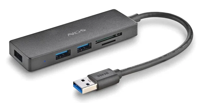 NGS IHUB READER Hub Lector USB 3.0 con 3 puertos, ranura SD y MicroSD, velocidad hasta 5000 Mbit/s, color Negro