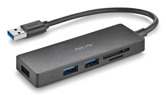 NGS IHUB READER Hub Lector USB 3.0 con 3 puertos, ranura SD y MicroSD, velocidad hasta 5000 Mbit/s, color Negro