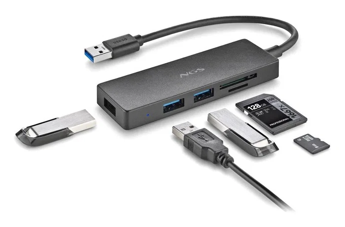 NGS IHUB READER Hub Lector USB 3.0 con 3 puertos, ranura SD y MicroSD, velocidad hasta 5000 Mbit/s, color Negro
