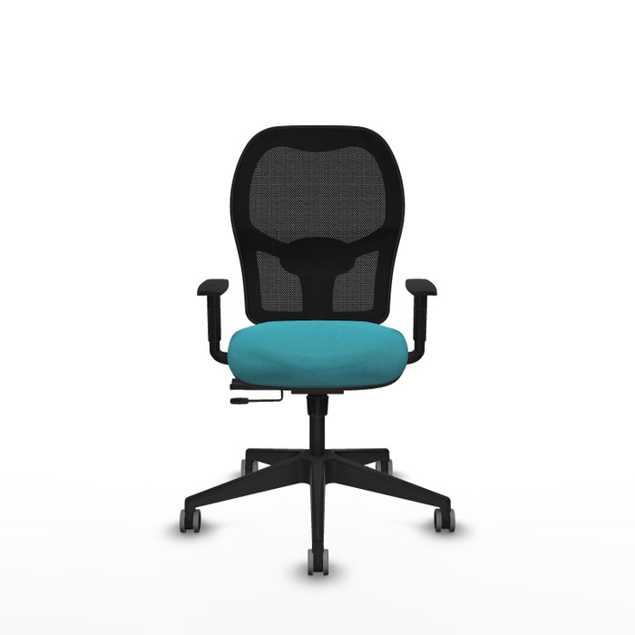 Silla de oficina Alocén con mecanismo Sincro/Traslack tapizada con Tela color Turquesa y malla color Negro. Equipada con lumbar 1D, Brazos 1D y Ruedas 65 mm parqué