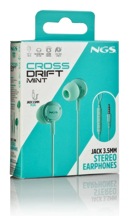 NGS Auriculares NGS CROSS DRIFT MINT - Auriculares intraurales alámbricos con micrófono, control multifunción y jack 3.5 mm para música y llamadas - Color menta