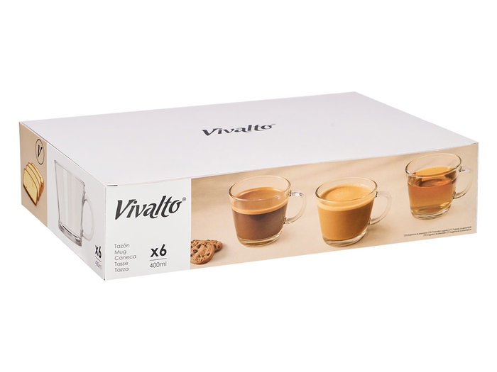 Vivalto Tazón de Desayuno con Asa, 400 ml, Transparente, Vidrio, 13.5x10.5x8.5 cm (Set de 24)