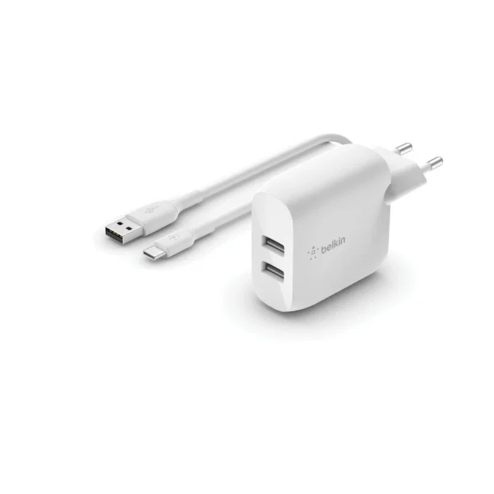 Belkin WCE001VF1MWH Cargador de Pared USB 24W Blanco 2 Puertos 2.4A - Cable USB-A a USB-C Incluido 1m