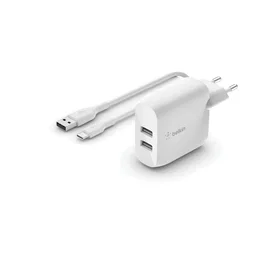 Belkin WCE001VF1MWH Cargador de Pared USB 24W Blanco 2 Puertos 2.4A - Cable USB-A a USB-C Incluido 1m