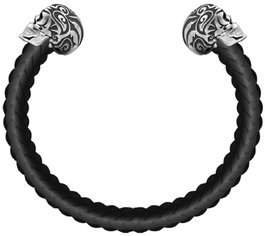 Police Tribal Edge Bangle Skull Black Leather 19cm con Cuero Negro