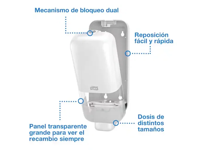 Tork Dispensador de Jabón y Desinfectante S4, Capacidad 1000 ml, Blanco, Dimensiones 305x122x106 mm