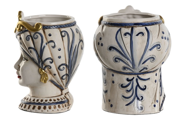 DKD Home Decor Sicilia 2024 Macetero Mediterráneo Blanco Dorado Azul Porcelana Cabeza Siciliana 15 x 26 x 15 cm (2 Unidades)