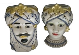 DKD Home Decor Sicilia 2024 Macetero Mediterráneo Blanco Dorado Azul Porcelana Cabeza Siciliana 15 x 26 x 15 cm (2 Unidades)