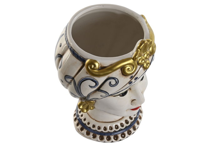 DKD Home Decor Sicilia 2024 Macetero Mediterráneo Blanco Dorado Azul Porcelana Cabeza Siciliana 15 x 26 x 15 cm (2 Unidades)