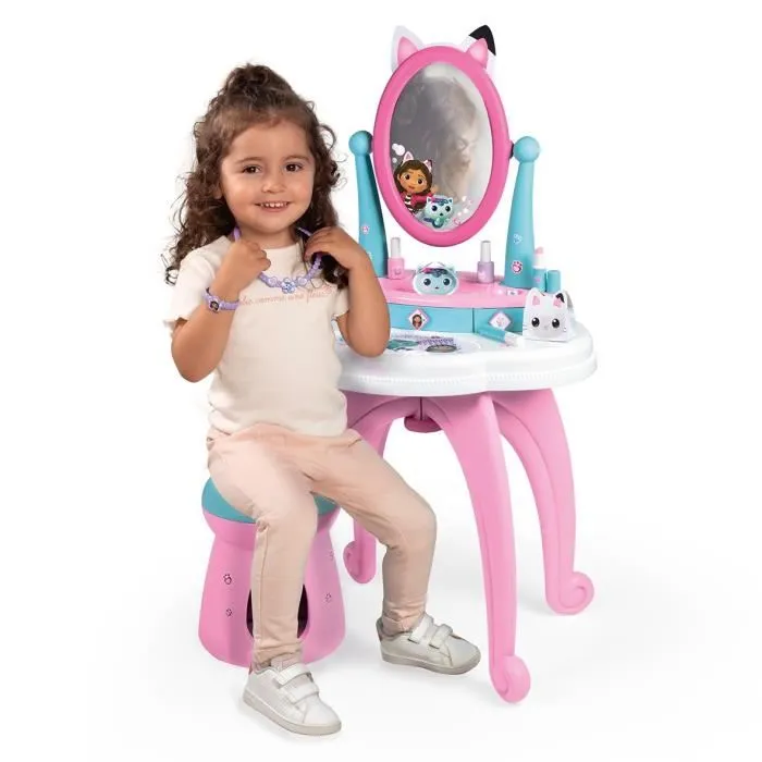 Smoby Gabby y la Casa Mágica Tocador Infantil 2 en 1 con Taburete y 12 Accesorios, Espejo Regulable