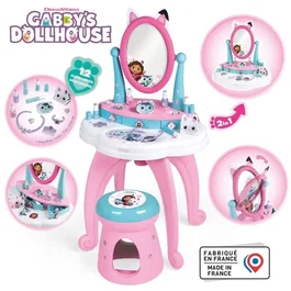 Smoby Gabby y la Casa Mágica Tocador Infantil 2 en 1 con Taburete y 12 Accesorios, Espejo Regulable