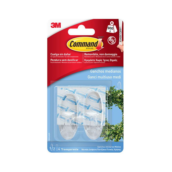 3M Command Gancho Mediano Transparente 17091clr - 2 Ud. + 4 Tiras, 25 x 60 x 25 mm, 900 g Máx.