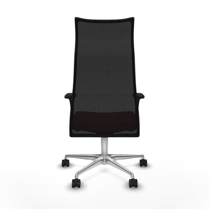 Sillón Albacete con mecanismo Sincro tapizada con Tela color Granate y malla color Negro. Equipado con Base aluminio, Brazos 1D y Ruedas 65mm nailon
