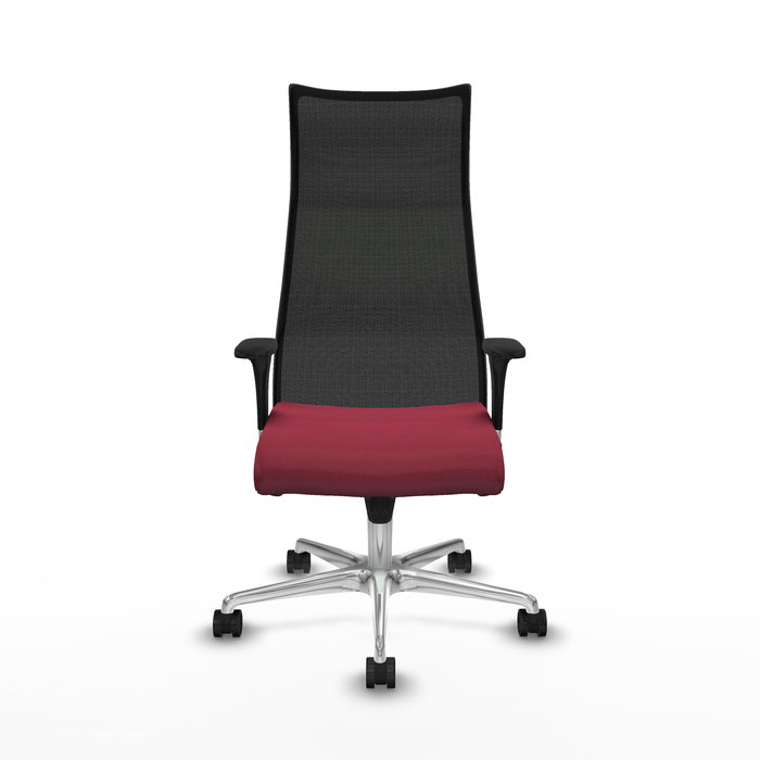 Sillón Albacete con mecanismo Sincro tapizada con Tela color Granate y malla color Negro. Equipado con Base aluminio, Brazos 1D y Ruedas 65mm nailon