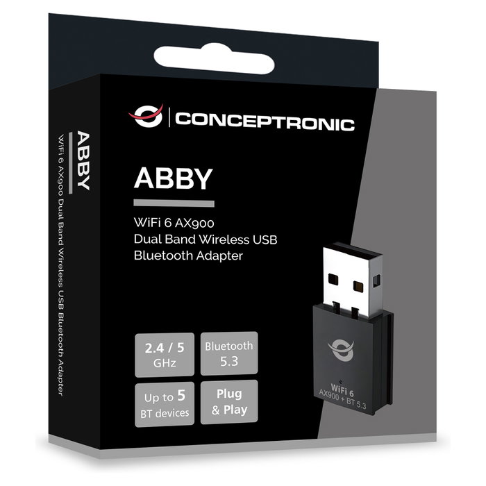 Conceptronic ABBY26B Adaptador USB Wi-Fi 6 AX900 y Bluetooth 5.3 Negro