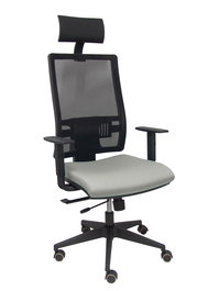 Silla de oficina Horna con mecanismo Sincro/Traslack tapizada con Tela color Gris claro y malla color Negro. Equipada con lumbar 1D, Brazos 1D, Cabecero Fijo y Ruedas de parqué