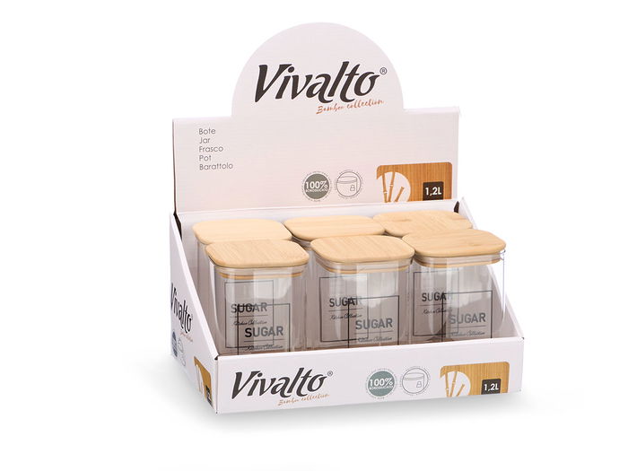 Vivalto Bote Cuadrado Borosilicato Tapa Bambú Sugar 1,2L 10.2x15.7x10.2 cm (Set de 12)