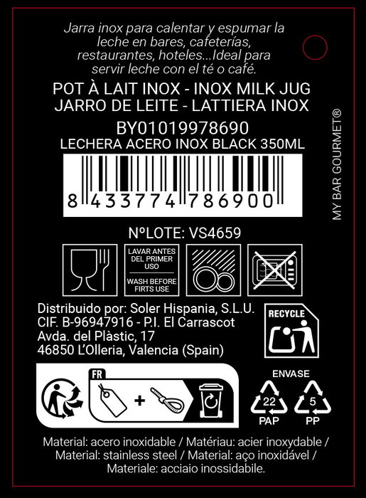 Inde Lechera Acero Inoxidable Black 350ml 7x9cm (18 Unidades)