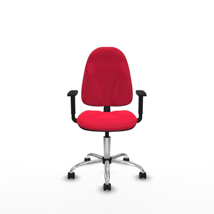 Silla de oficina Algarra con mecanismo Contacto permanente básico tapizada con Tela color Rojo. Equipada con Base cromada, Brazos 1D y Ruedas autofrenantes