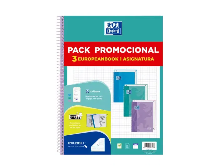 Oxford Europeanbook 1 Touch Cuaderno Espiral A4 80 Hojas Cuadriculado 5x5 Colores Pastel Pack de 3