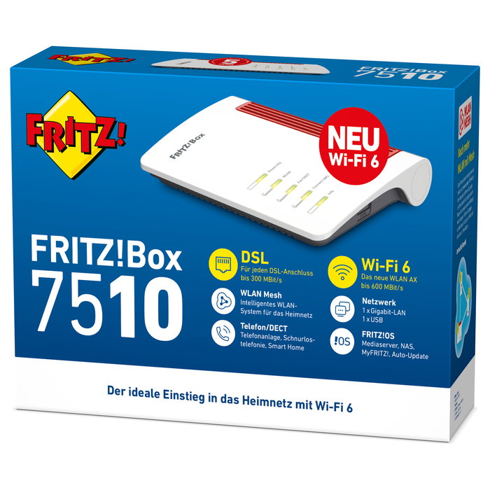 AVM Fritz!Box 7510 Router de sobremesa Wi-Fi 6 (802.11ax) 600 Mbps, ADSL/VDSL, 1 puerto LAN Gigabit, Blanco