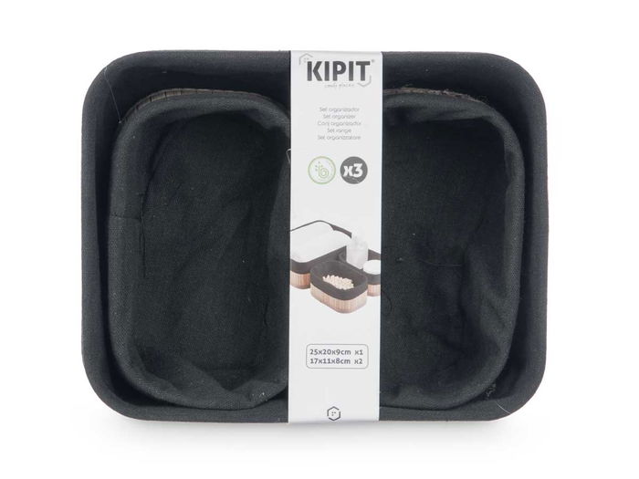 Kipit Set 3 Organizadores de Bambú y Tela Negro 25x20x9 cm con Organizador Pequeño 17x11x8 cm (Set de 12)