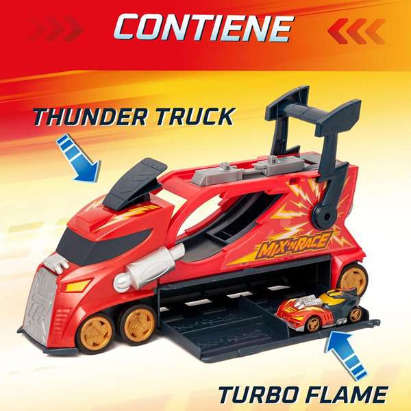 Camion thunder truckt-racers mix ‘n race transporta y lanza coches incluye coche exclusivo. 23x35x12cm