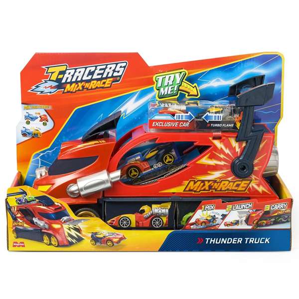 Camion thunder truckt-racers mix ‘n race transporta y lanza coches incluye coche exclusivo. 23x35x12cm