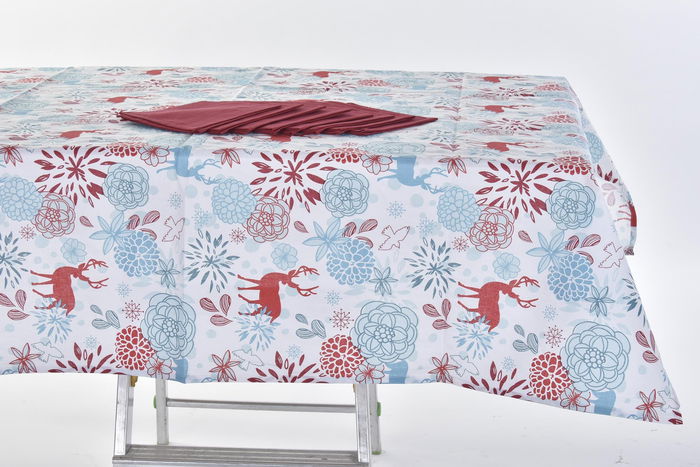 DKD Home Decor Set de 5 Mantel Navidad Moderna 150 x 150 cm Algodón Poliéster Azul Celeste Rojo Reno