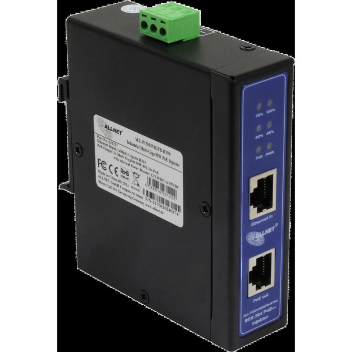 ALLNET PoE Inyector Industrial MultiGigabit PoE BT con Power-Booster (15.4W/30W/90W) DIN Carcasa Metálica ALL-PI2015MGPB-B
