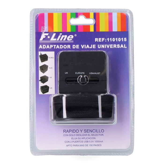 F-Line Adaptador de viaje universal con 2 USB y enchufes EU, UK, USA/AUS - Negro F-Line Adaptador de viaje universal con 2 USB y enchufes EU, UK, USA/AUS - Negro