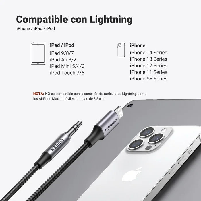 Ugreen Cable adaptador Lightning a Jack 3,5 mm 1 m Plata