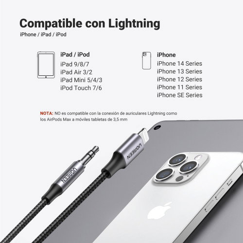 Ugreen 70509 Cable Adaptador Lightning a 3.5mm MFi Certificado, 1 Metro Color Plata, para iPhone 14/13/12/11/X/8/7, iPad, iPod (Sin Carga) Ugreen 70509 Cable Adaptador Lightning a 3.5mm MFi Certificado, 1 Metro Color Plata, para iPhone 14/13/12/11/X/8/7, iPad, iPod (Sin Carga)