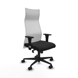 Sillón Albacete con mecanismo Sincro tapizada con Similpiel color Negro y malla color Blanco. Equipado con Base nailon negra, Brazos 1D y Ruedas 65mm nailon