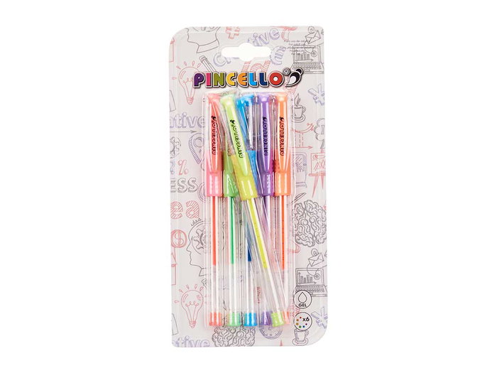 PINCELLO Set 6 Boligrafos Gel Fluor, Incluye Amarillo, Azul, Naranja, Rosa, Verde, Violeta. Dimensiones 10x21x3 cm. (Set de 24)