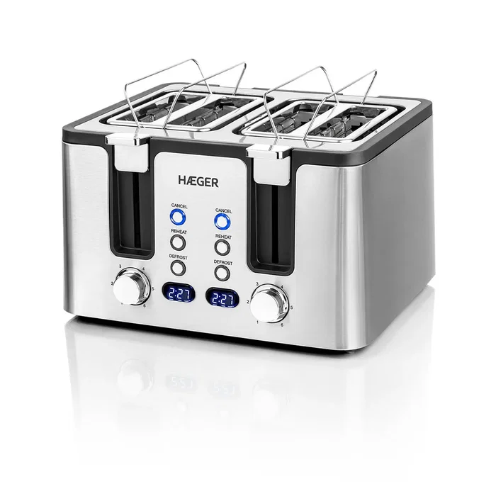 Hageo TO-17D.015A Tostadora para 4 Rebanadas, Acero Inoxidable, 1700W con 6 Niveles, Función Descongelar y Recalentar, Control Electrónico