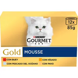 Purina Gourmet Gold Multi Mousse Surtido para Gato - Comida Húmeda de Salmón, 12 Latas de 85 gr