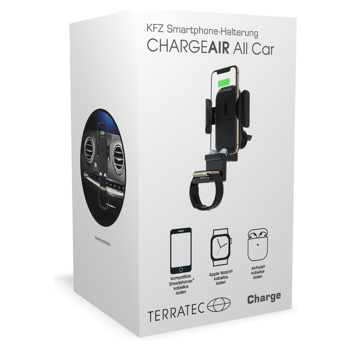 Terratec ChargeAir All Car - Soporte Activo de Coche con Cargador Inalámbrico para Smartphone y Reloj Inteligente