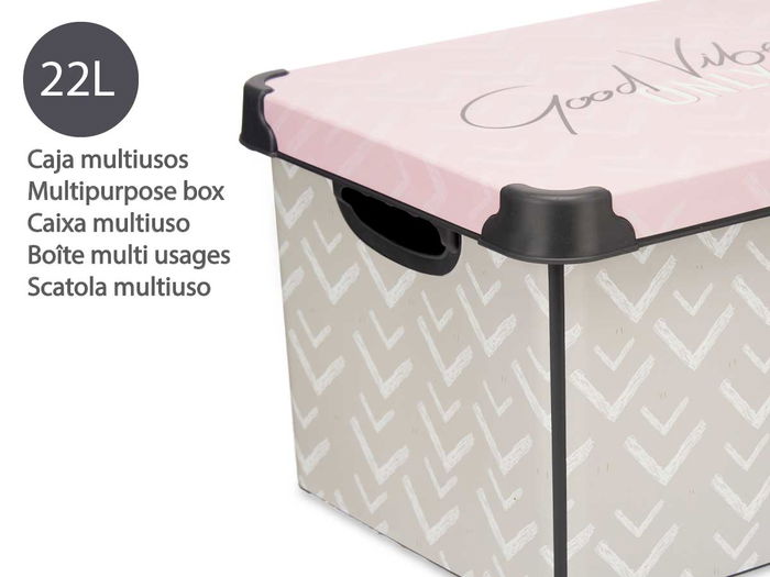 Kipit Caja Plástico 22L Vibes Con Asa 30x23.5x40 cm Estampado Gris Rosa (Set de 12)