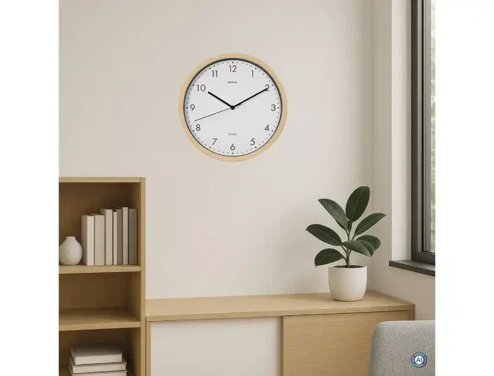 Maul Reloj Pared Cuarzo 30 cm Marco Madera Natural Clara