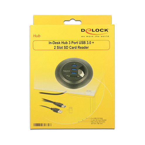 DELOCK Tisch-Hub con 3 Puertos USB 3.0 y Lector de Tarjetas SD de 2 Ranuras | 62869