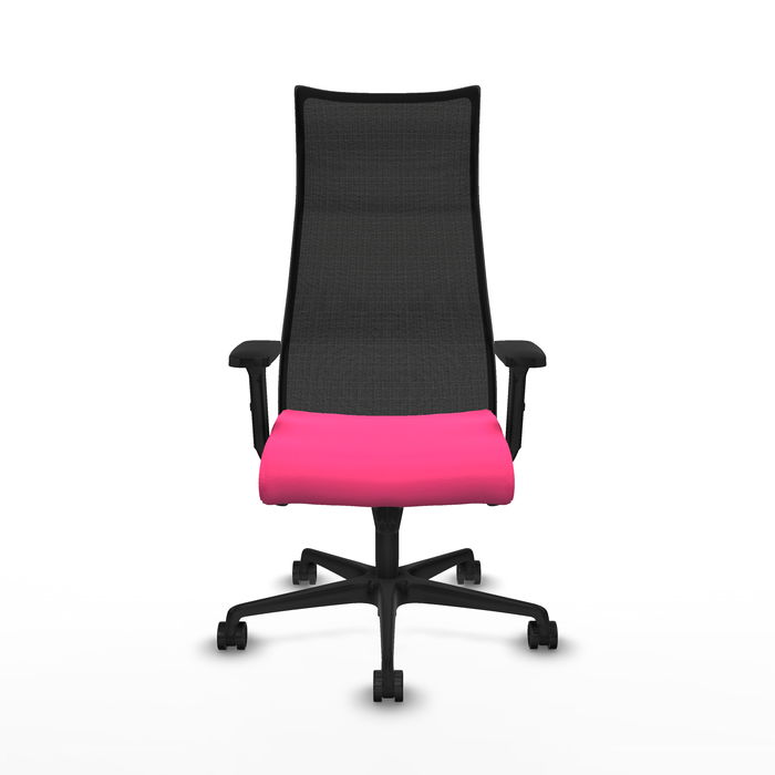 Sillón Albacete con mecanismo Sincro tapizada con Similpiel color Rosa y malla color Negro. Equipado con Base nailon negra, Brazos 2D y Ruedas 65mm nailon Sillón Albacete con mecanismo Sincro tapizada con Similpiel color Rosa y malla color Negro. Equipado con Base nailon negra, Brazos 2D y Ruedas 65mm nailon